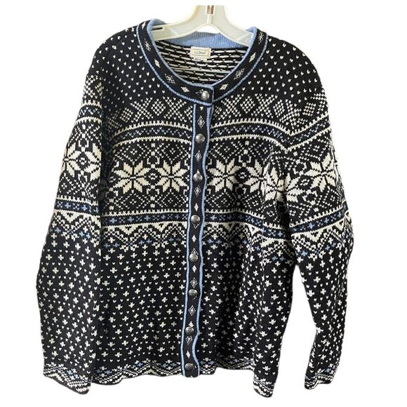 L.L.Bean Size XL wool button front thick knit Nordic print cardigan - Picture 1 of 10